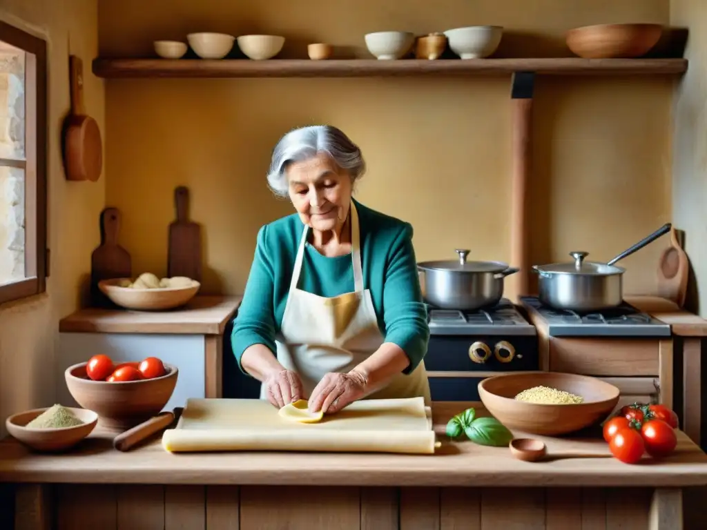 Nonna italiana experta en cocina tradicional, preparando pasta fresca a mano en una cocina rústica