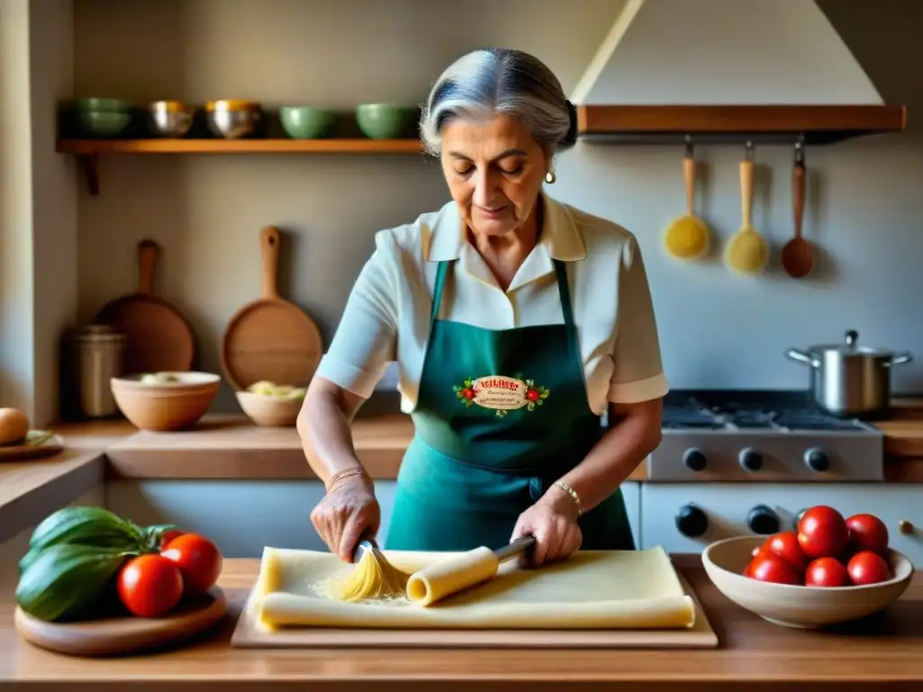 Nonna italiana experta en pasta fresca en acogedora cocina Una nonna italiana experta en cocina preparando pasta fresca en una cocina acogedora, con frascos de especias y productos frescos