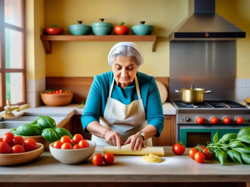 Una nonna italiana experta en cocina tradicional, rodeada de ingredientes frescos, amasa pasta en una cocina nostálgica