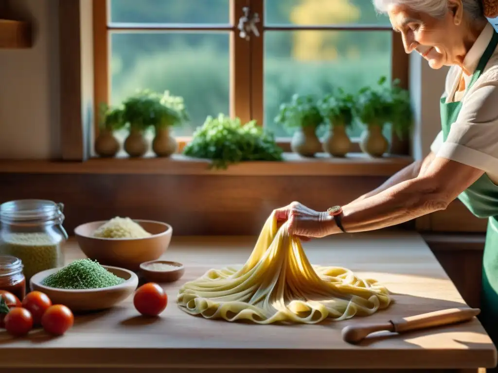 Nonna italiana experta en cocina, preparando pasta fresca en una cocina tradicional llena de ingredientes