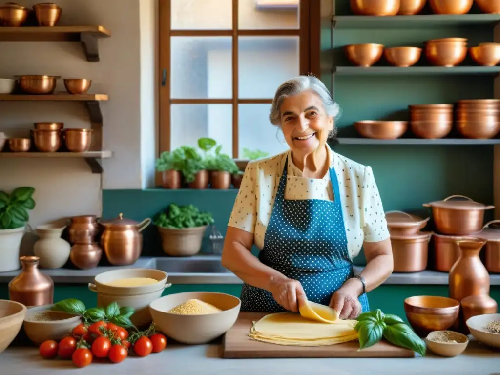 Una nonna italiana experta en su cocina tradicional, rodeada de libros de recetas antiguas, ollas de cobre y ingredientes frescos