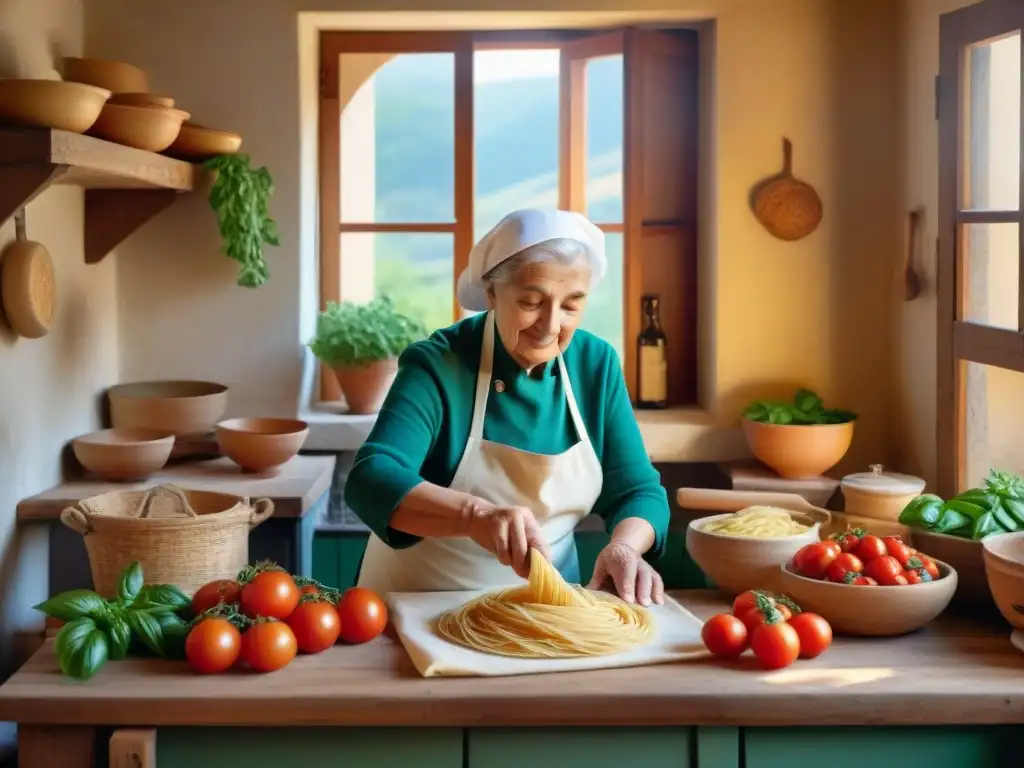 Una nonna italiana experta en cocina tradicional rodeada de ingredientes frescos, cocinando con gracia y destreza en una cocina rústica