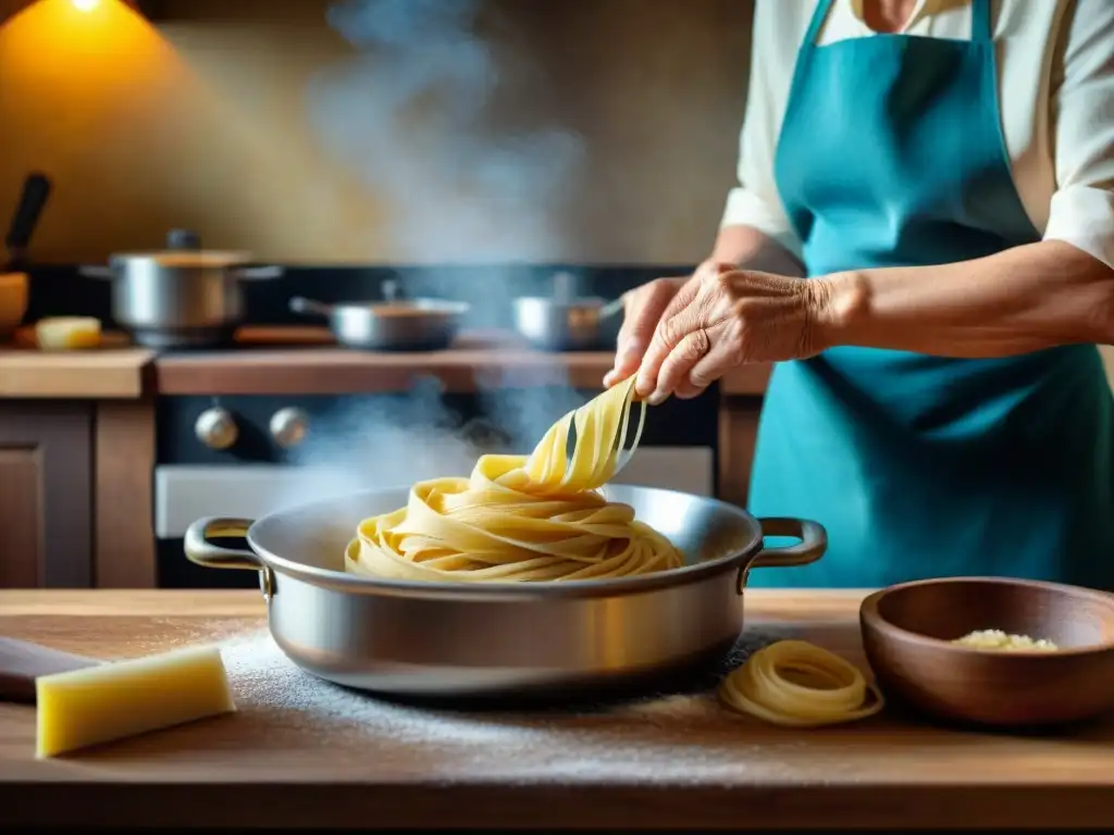 Nonna italiana experta en cocina, amasa pasta casera en cocina rústica