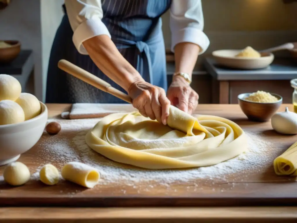 Una nonna italiana experta en cocina tradicional, amasando pasta fresca con amor y dedicación