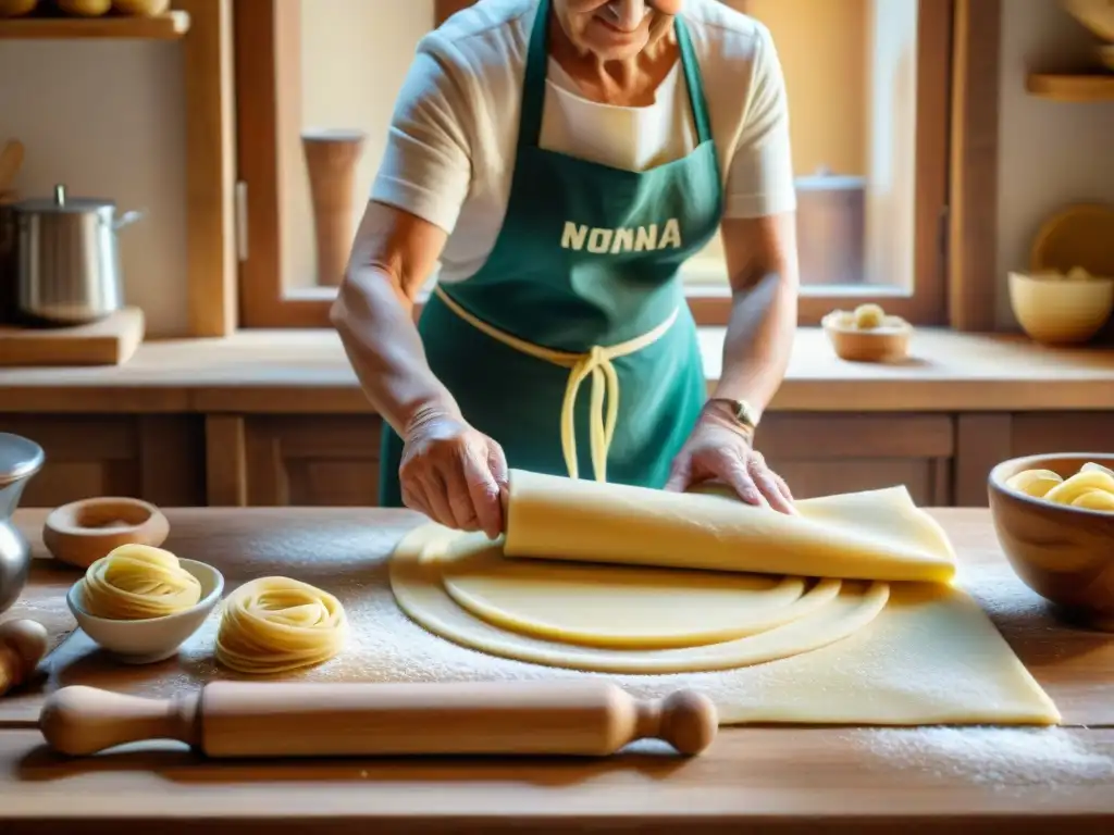 Una nonna italiana experta en cocina, elaborando pasta a mano en una cocina acogedora