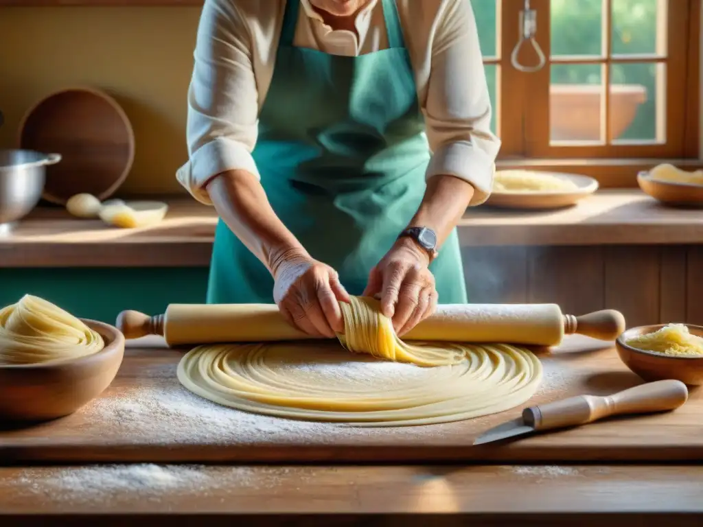 Una nonna italiana experta en cocina tradicional, amasa pasta fresca en una cocina rústica