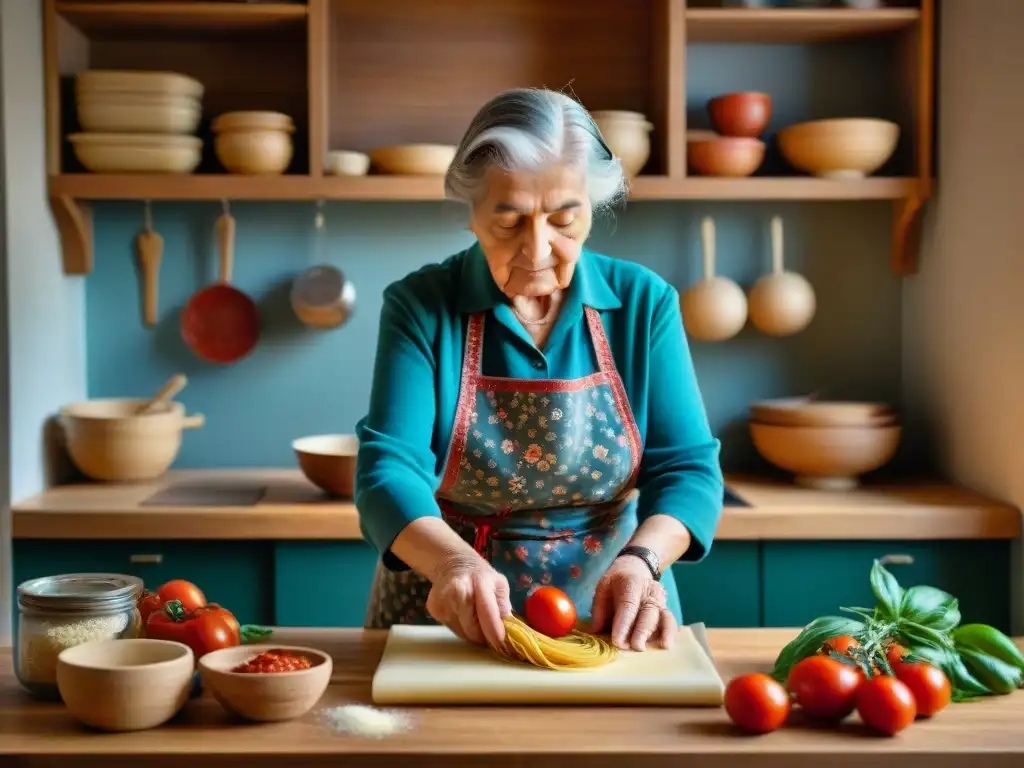 Nonna italiana experta en cocina tradicional amasando pasta con libros de cocina italiana tradicional alrededor