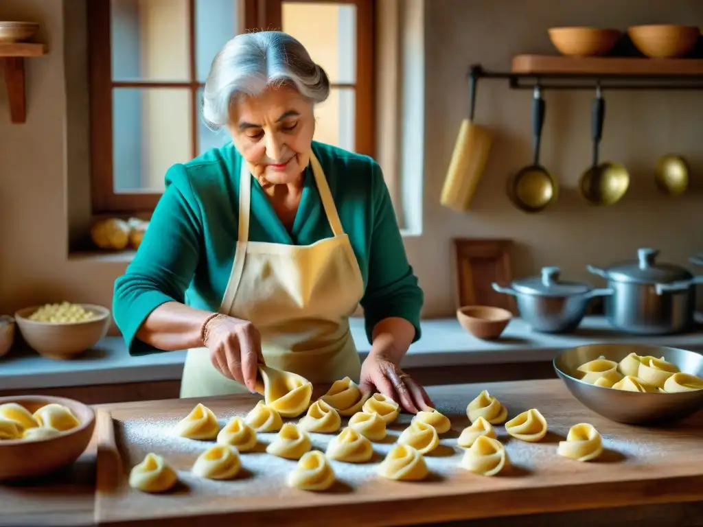 Una nonna italiana experta en cocina tradicional, elaborando tortellini con técnicas de cocina italiana tradicionales