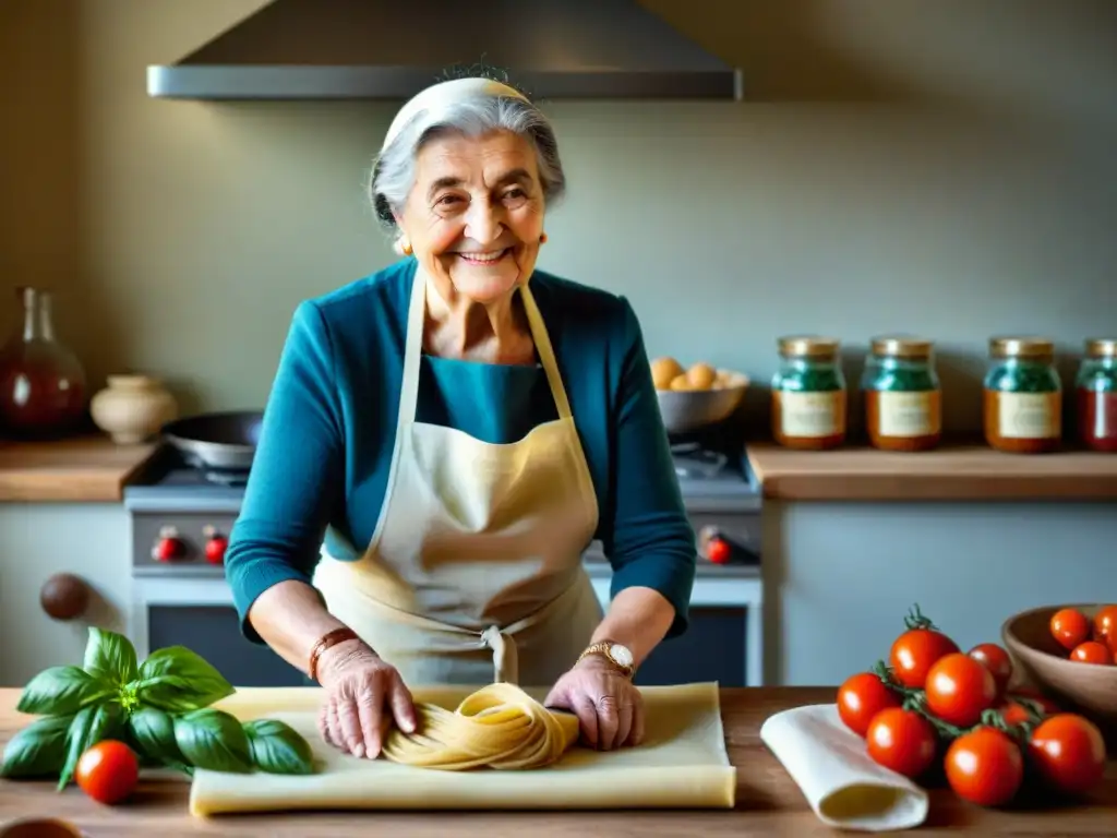 Una nonna italiana experta en cocina elabora tagliatelle caseros en una cocina acogedora, representando las recetas tradicionales regionales de Italia