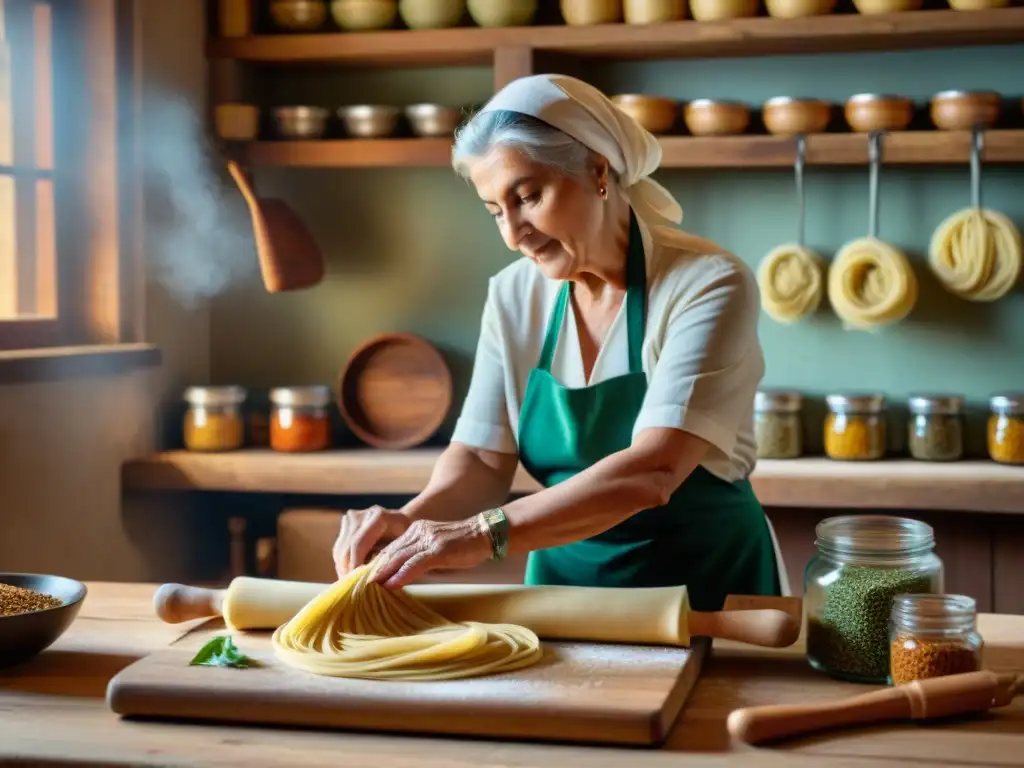 Una nonna italiana experta en cocina regional preparando platos icónicos con pasta casera en una cocina rústica