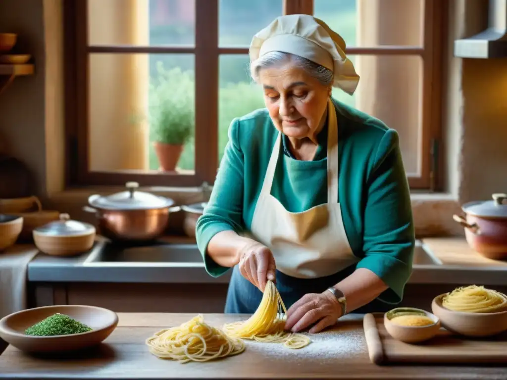 Una nonna italiana experta en cocina tradicional, amasando pasta con cuidado en una cocina rústica bañada por la luz del sol