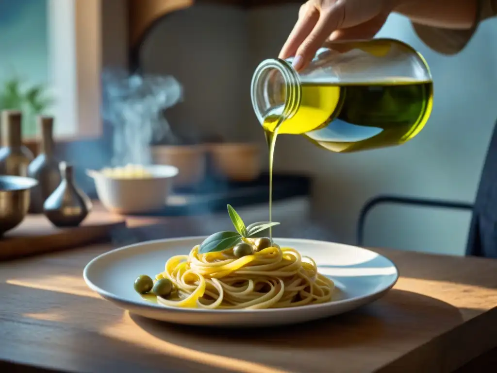 Nonna italiana experta en cocina, añadiendo aceite a receta gourmet en cocina rústica