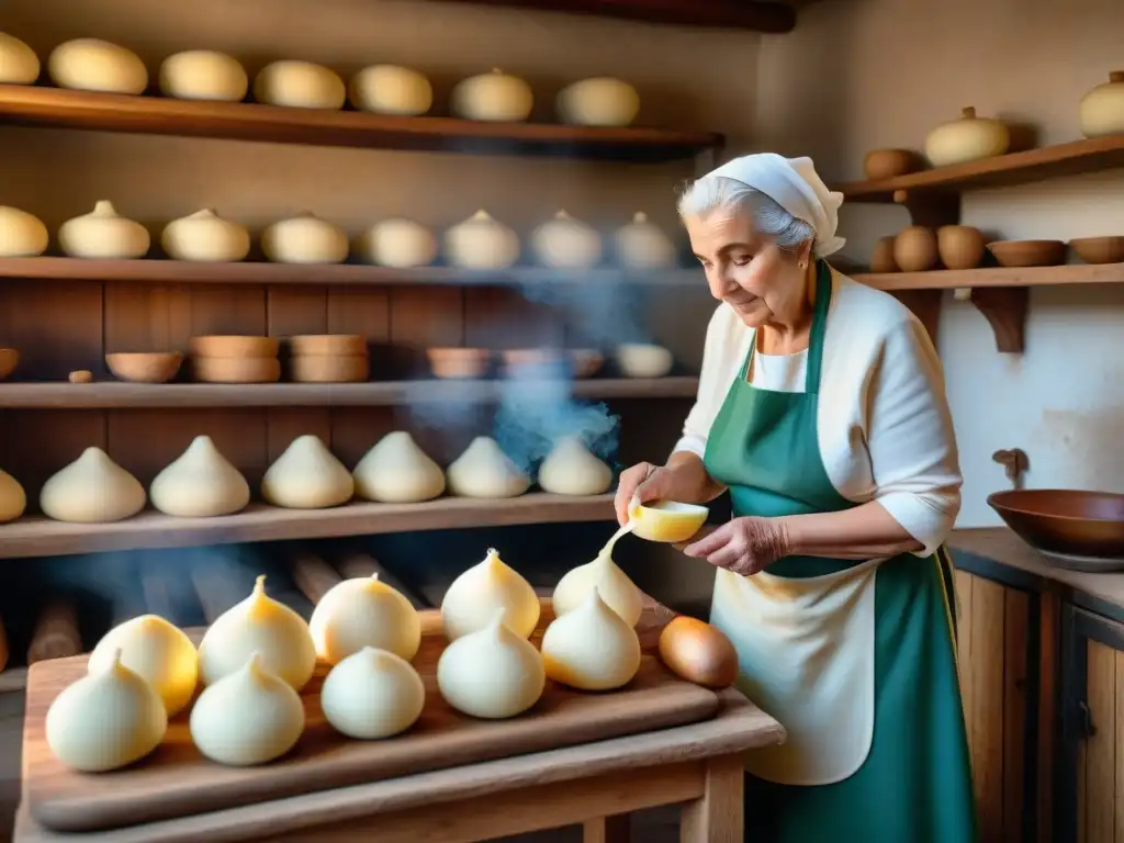 Una nonna italiana experta elaborando Scamorza en una cocina tradicional con ahumador de leña