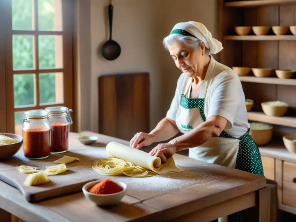 Nonna italiana experta en cocina, amasando pasta en una mesa rústica