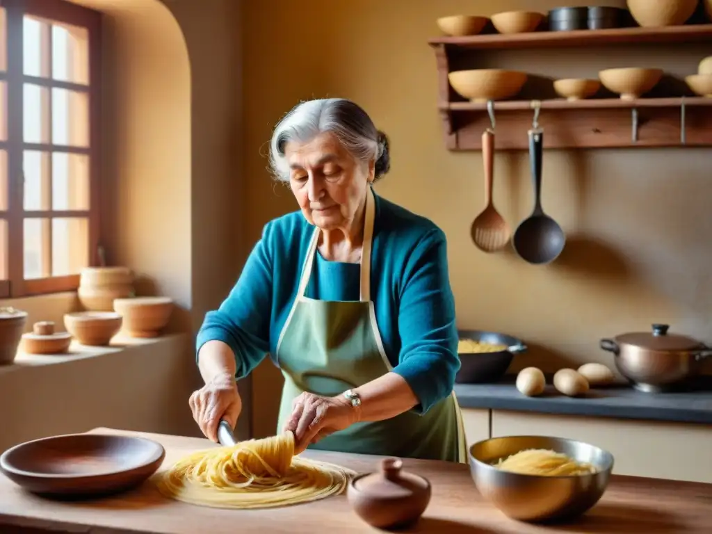 Una nonna italiana experta en cocina, amasando pasta fresca en una cocina rústica y acogedora, iluminada por el sol