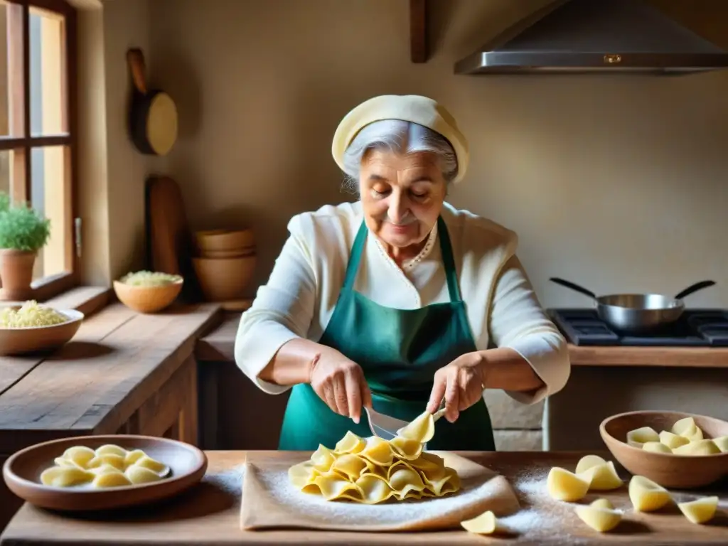 Una nonna italiana experta en cocina tradicional, preparando Tortelli Maremmani con relleno de ricotta y espinacas en una cocina rústica