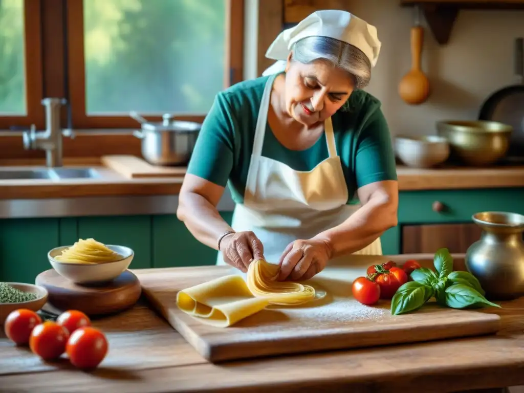 Una nonna italiana experta en cocina tradicional amasa pasta rodeada de ingredientes frescos y utensilios vintage