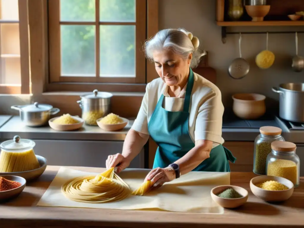 Una nonna italiana experta en cocina, elaborando tortellini con amor en una cocina rústica