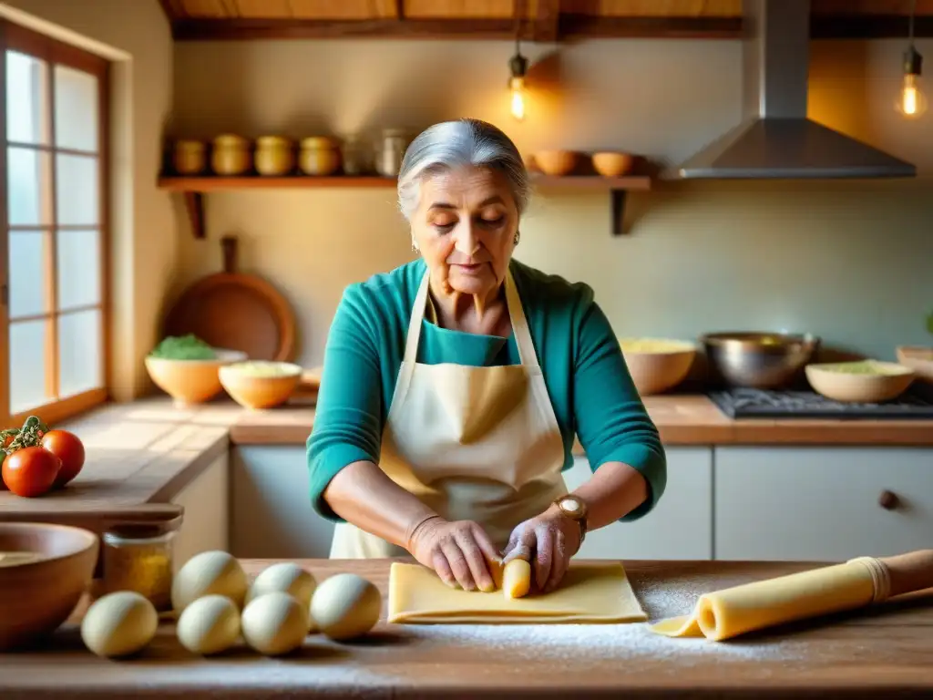 Una nonna italiana experta en cocina, amasando pasta fresca en una cocina rústica con ingredientes tradicionales