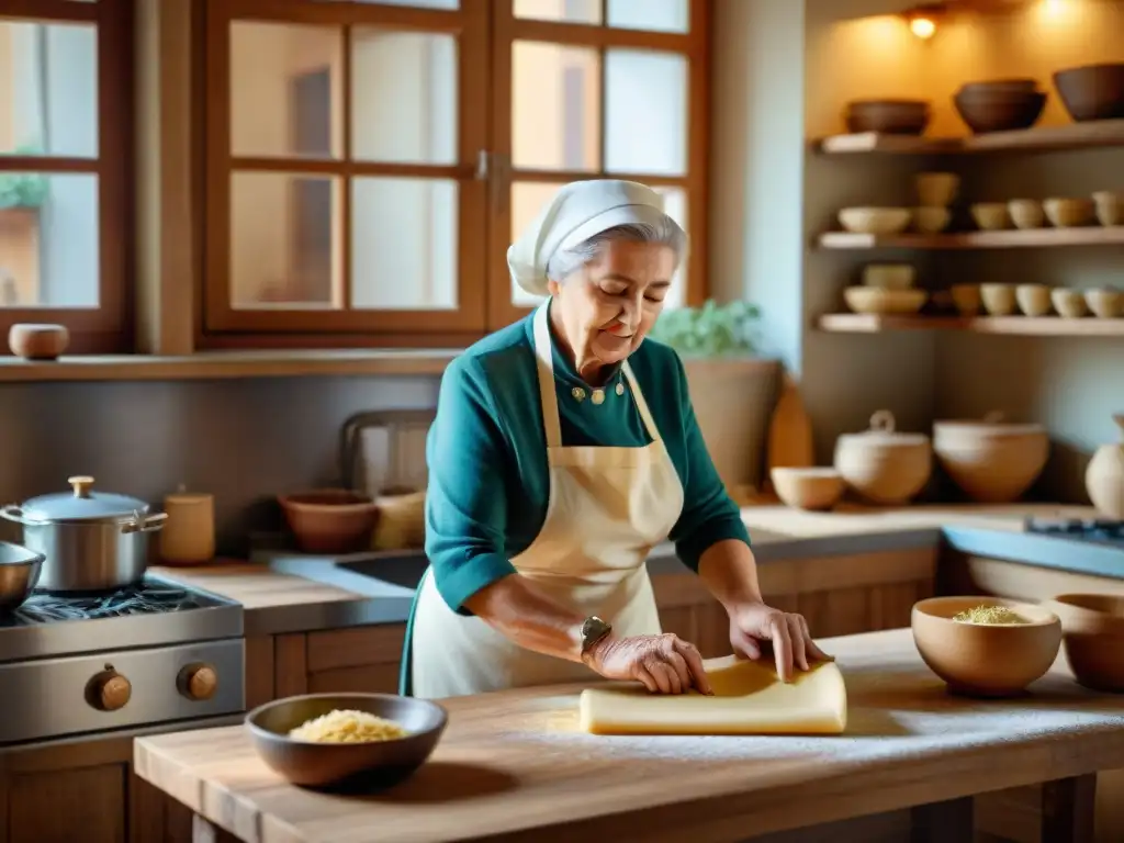 Nonna italiana experta en cocina, amasando pasta con amor en una cocina rústica