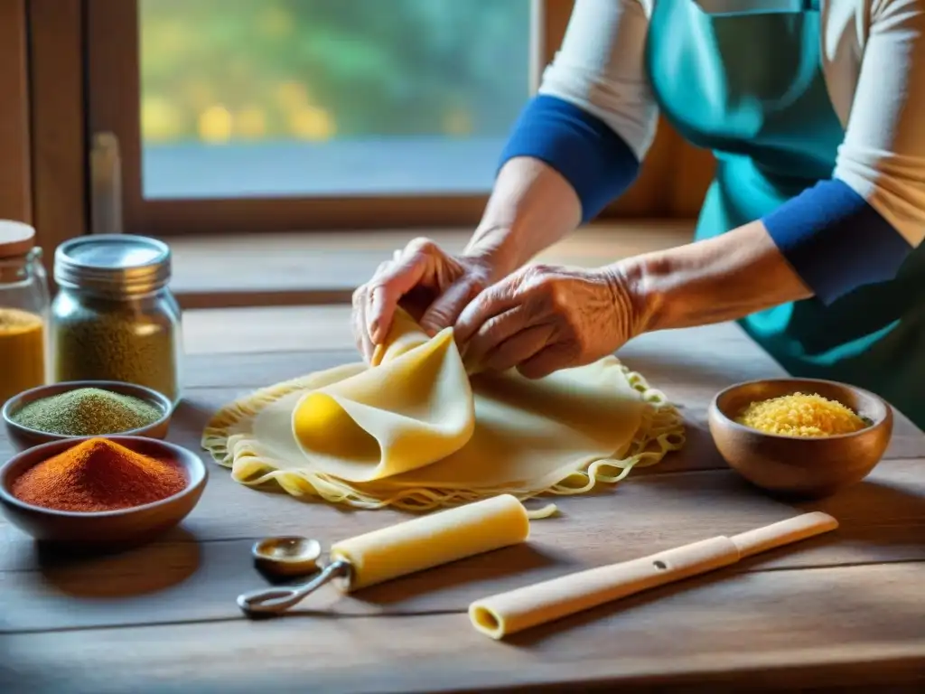 Nonna italiana experta en cocina tradicional italiana preparando pasta casera con utensilios vintage y especias coloridas en la mesa de madera