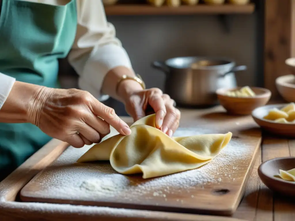 Nonna italiana experta en cocina, preparando pasta rellena Agnolotti casera con amor en acogedora cocina piamontesa