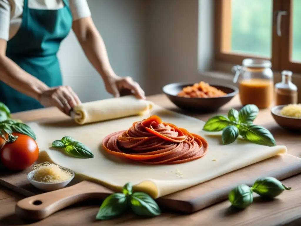 Nonna italiana experta en cocina, preparando pasta casera con amor en una cocina acogedora