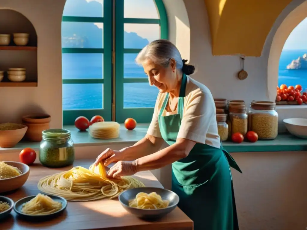 Nonna italiana experta en cocina preparando pasta fresca en Capri con platos típicos cocina italiana Capri