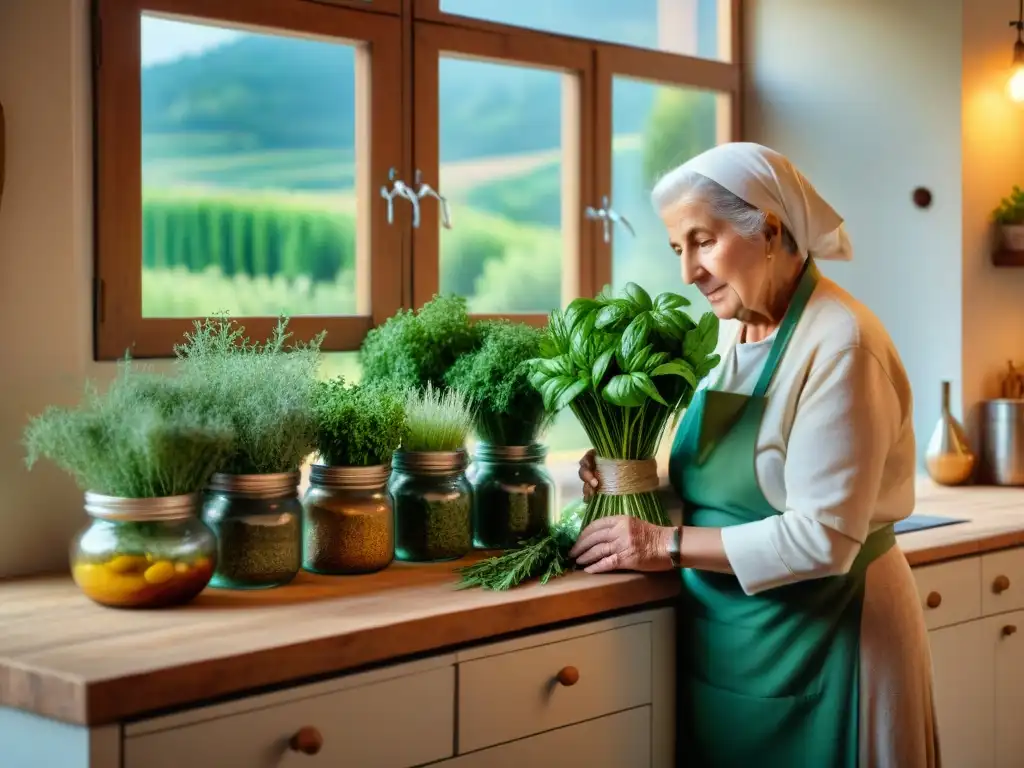 Nonna italiana experta en conservación de hierbas frescas en cocina tradicional, bañada en cálida luz natural