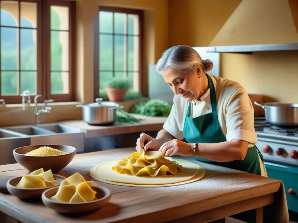 Una nonna italiana experta elaborando Tortelli Maremmani a mano en una cocina toscana, transmitiendo tradición culinaria y calidez