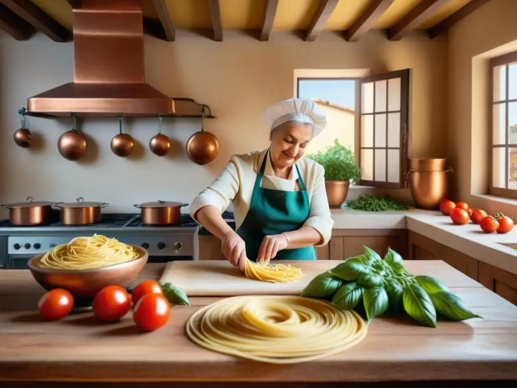 Una nonna italiana experta enrolla masa de pasta fresca en una cocina rústica, rodeada de ingredientes frescos