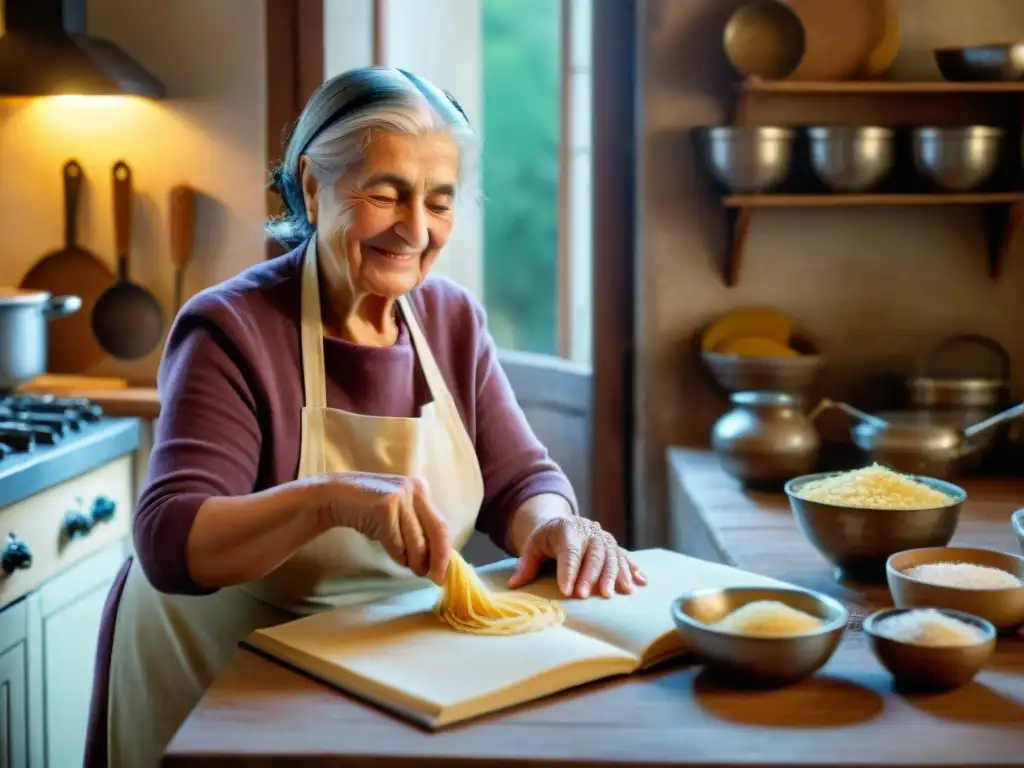 Una nonna italiana experta amasando masa para pasta casera rodeada de utensilios vintage y recetas olvidadas