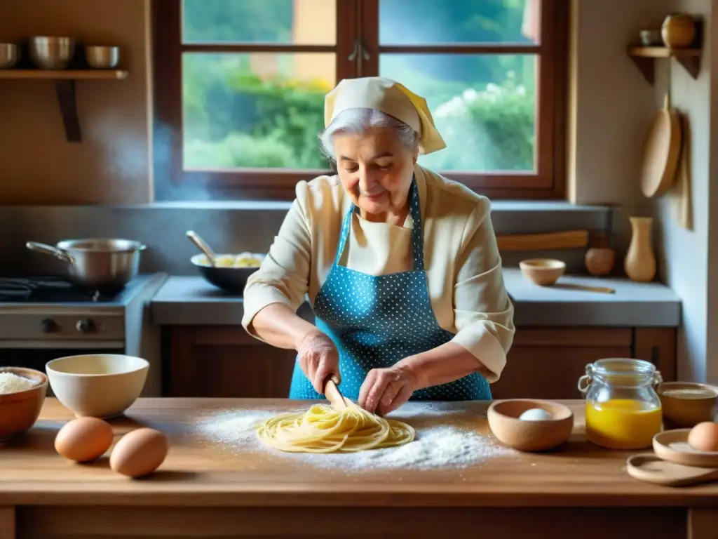 Una nonna italiana experta preparando masa fresca a mano en una mesa de madera, bañada por la luz del sol