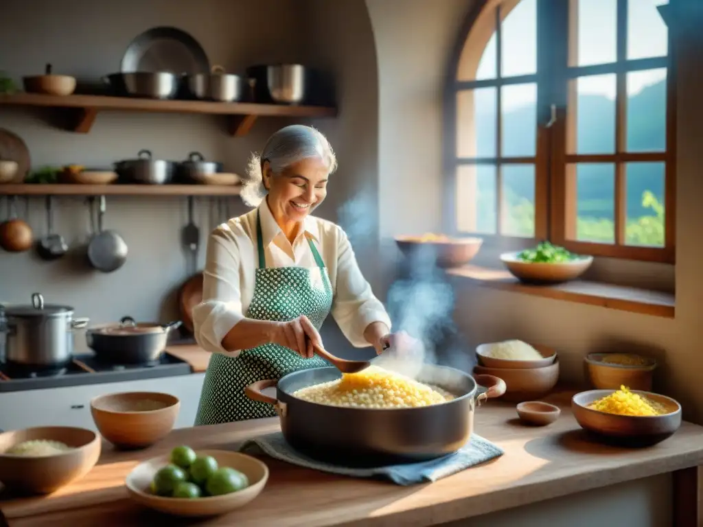 Nonna experta en risotto: escena de cocina italiana rústica Una nonna italiana experta en risotto remueve una olla humeante en una cocina rústica, rodeada de libros de recetas