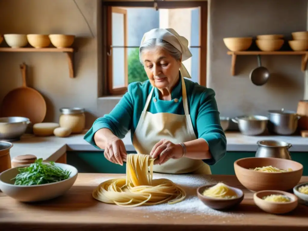 Una nonna italiana experta moldeando pasta fresca a mano en una cocina rústica