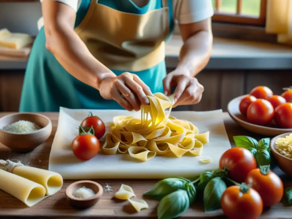 Una nonna italiana experta moldea pasta artesanal rodeada de ingredientes frescos en una cocina rústica, destacando técnicas tradicionales