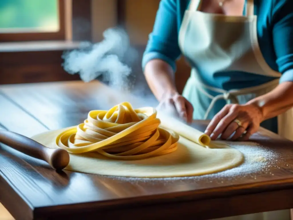 Una nonna italiana experta haciendo pasta a mano con utensilios de cocina italianos innovadores