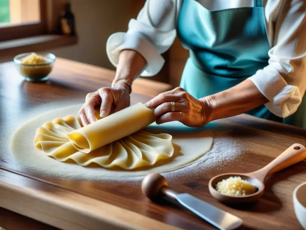 Nonna italiana experta en pasta, transmitiendo Secretos de la cocina italiana en atmósfera nostálgica