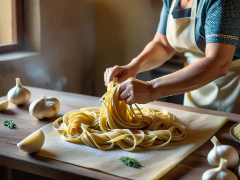 Una nonna italiana experta en pasta casera en una cocina rústica en Toscana