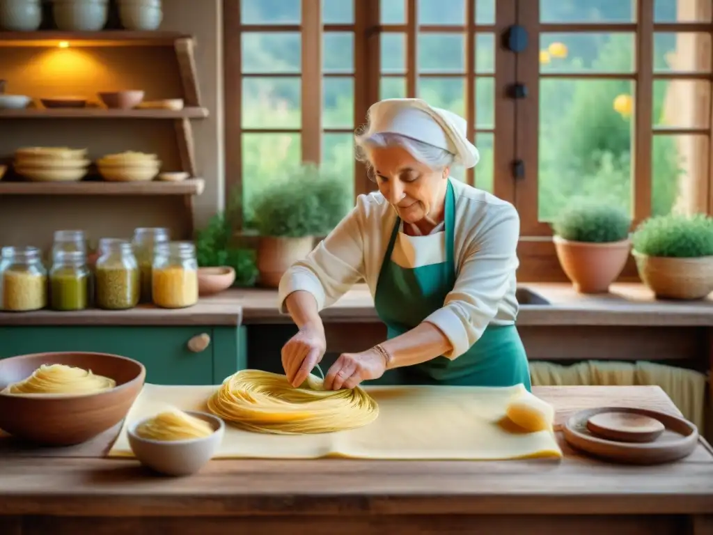 Una nonna italiana experta preparando pasta fresca casera con amor en una cocina rústica