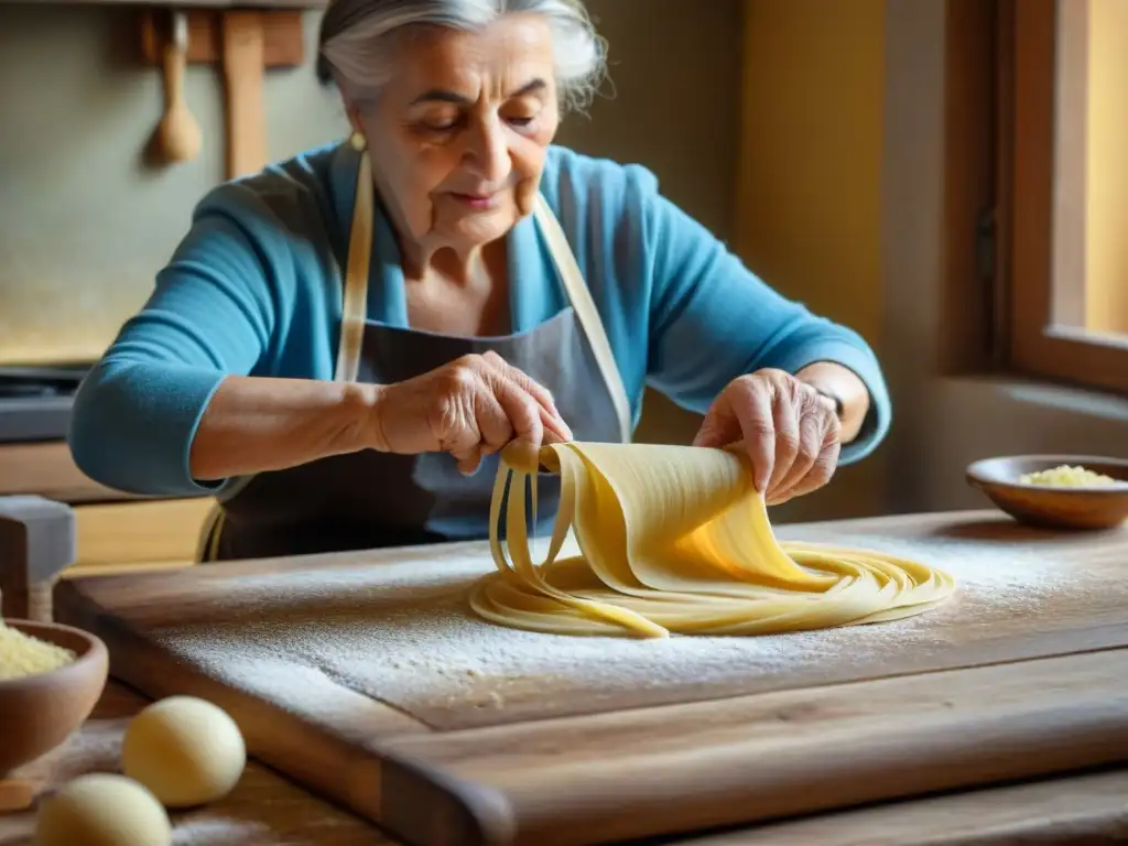 Nonna italiana experta en pasta casera, amasando con precisión