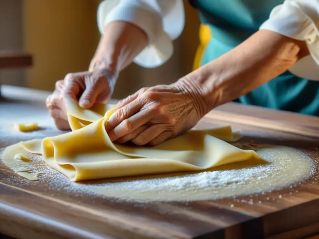 Nonna italiana experta en pasta fresca casera, amasando con destreza en la cocina rústica