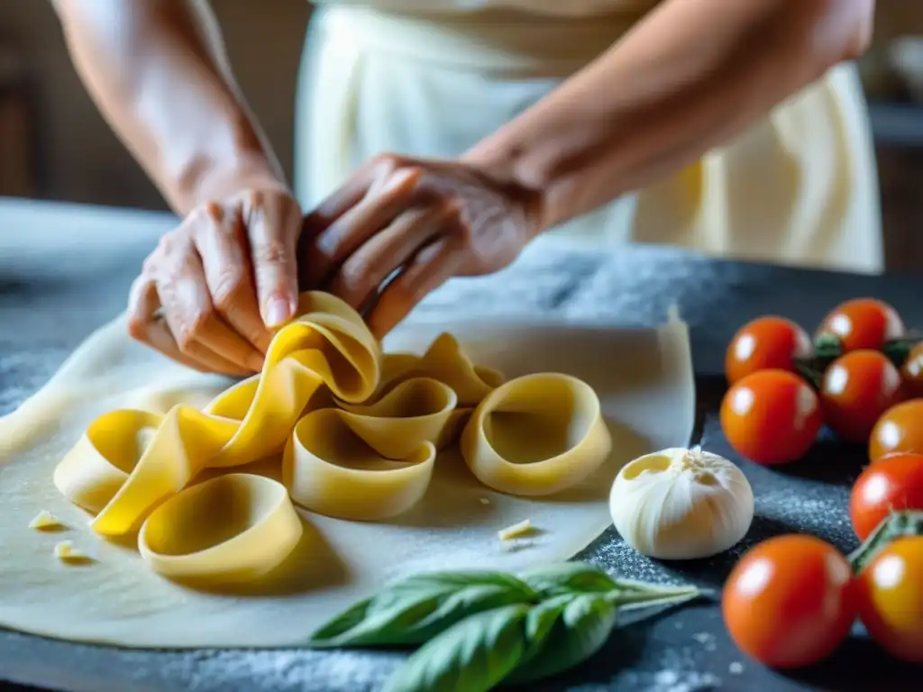 Una nonna italiana experta en pasta fresca, técnicas del sur italiano, amasa con destreza rodeada de ingredientes vibrantes