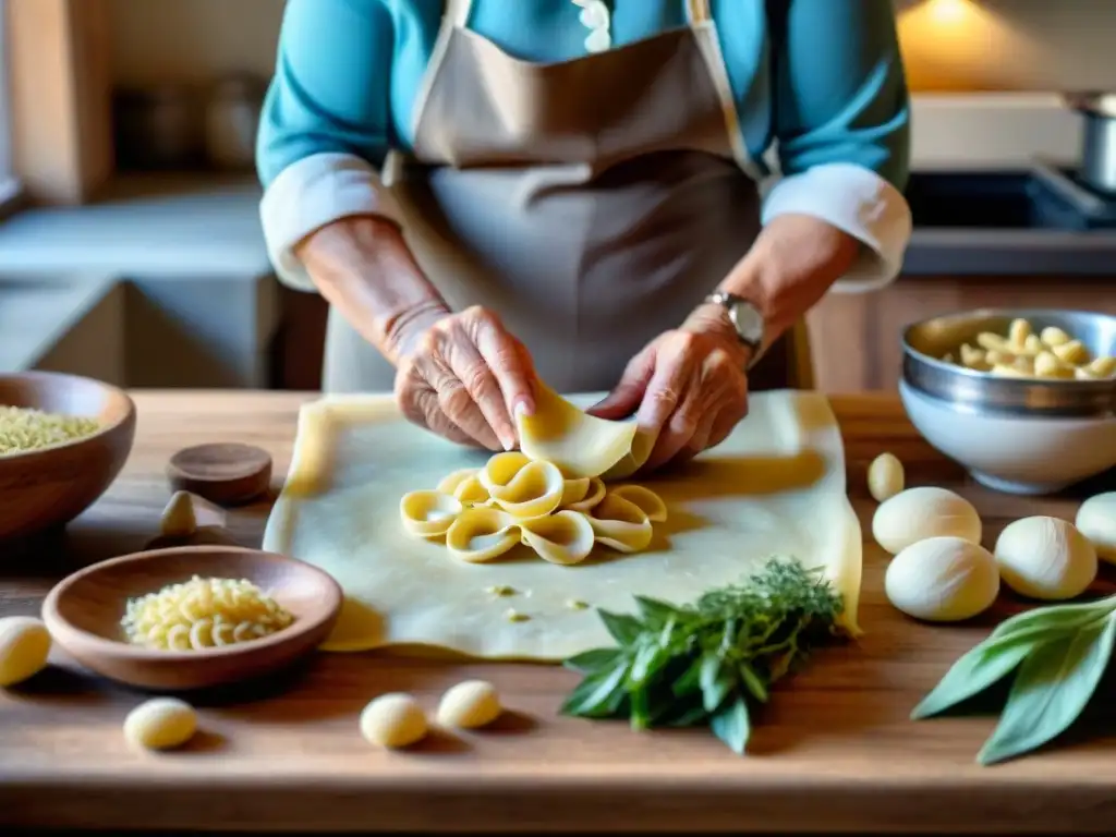 Una nonna italiana experta moldeando pasta a mano rodeada de utensilios de cocina rústicos y hierbas frescas