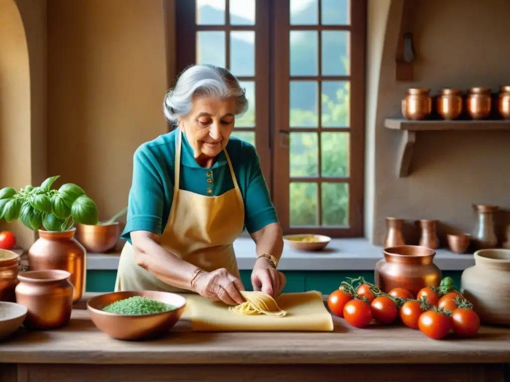 Nonna italiana experta en pasta casera en cocina rústica en Toscana