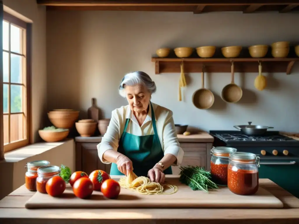 Nonna italiana experta en pasta fresca rodeada de tradición culinaria en un ambiente rural