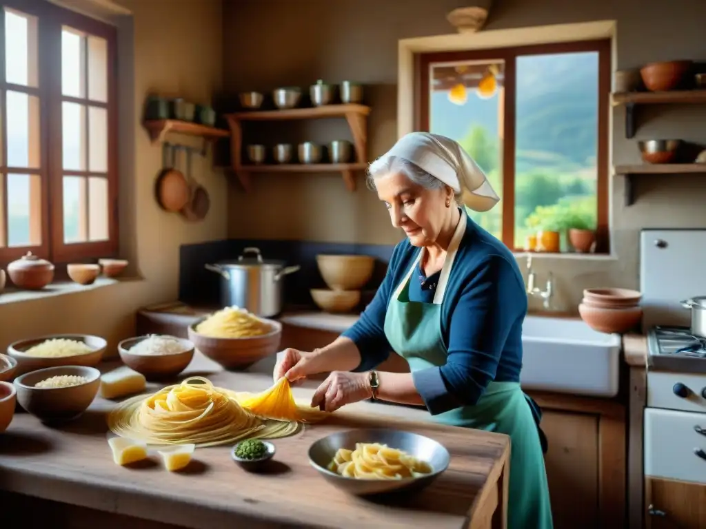 Una nonna italiana experta hace pasta fresca en una cocina rústica, rodeada de utensilios vintage y ingredientes coloridos