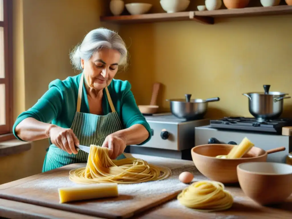 Nonna italiana experta en pasta fresca, técnicas sur italiano, elabora con cuidado y precisión en cocina rústica soleada