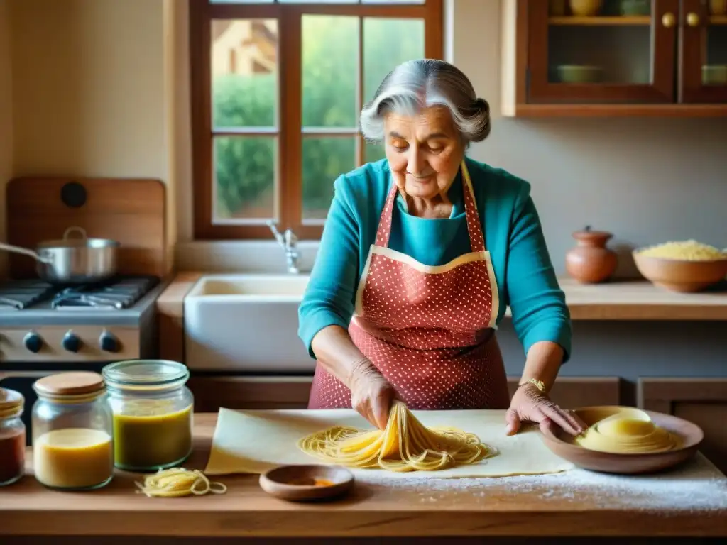 Una nonna italiana experta haciendo pasta fresca en una cocina tradicional