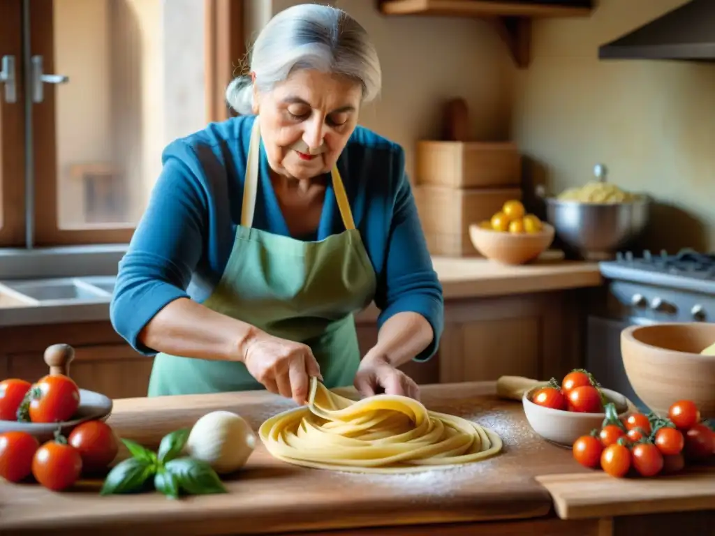 Una nonna italiana experta moldea pasta casera en una cocina rústica, rodeada de ingredientes frescos